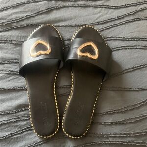 Black Slide Sandals with Gold Heart Accent - Women's